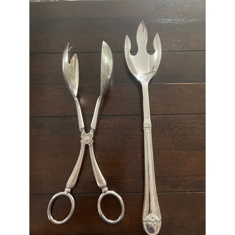 Vintage Silverplate Serving Set Silver Scissor‎ Tongs and Large Serving Fork